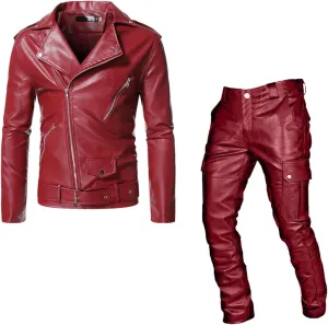 Male Punk Casual Suit Leather Leather Pants Set of Two Pieces Suit Jacket Men