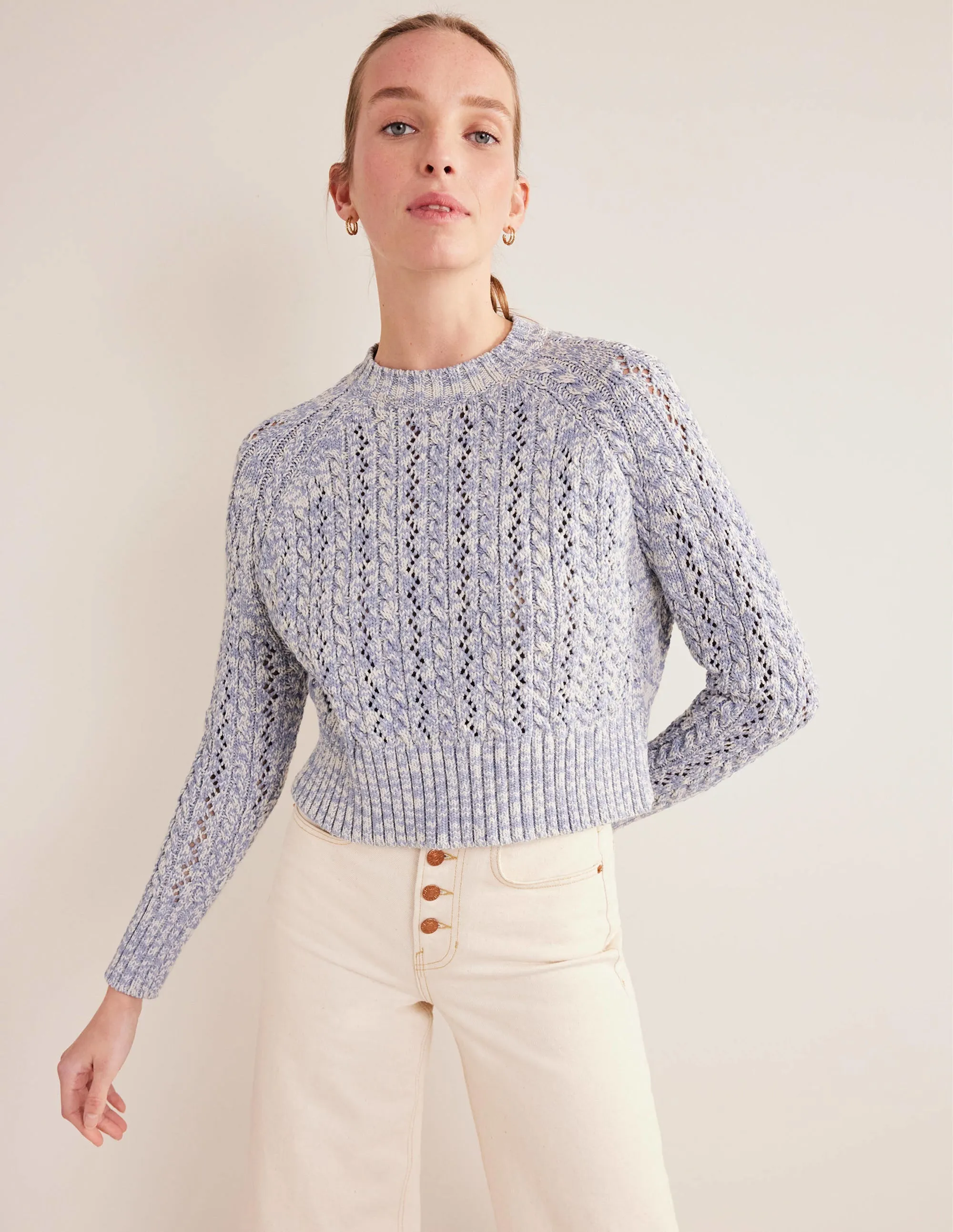 Marled Cable Jumper-Blue Blizzard, Ivory Marl