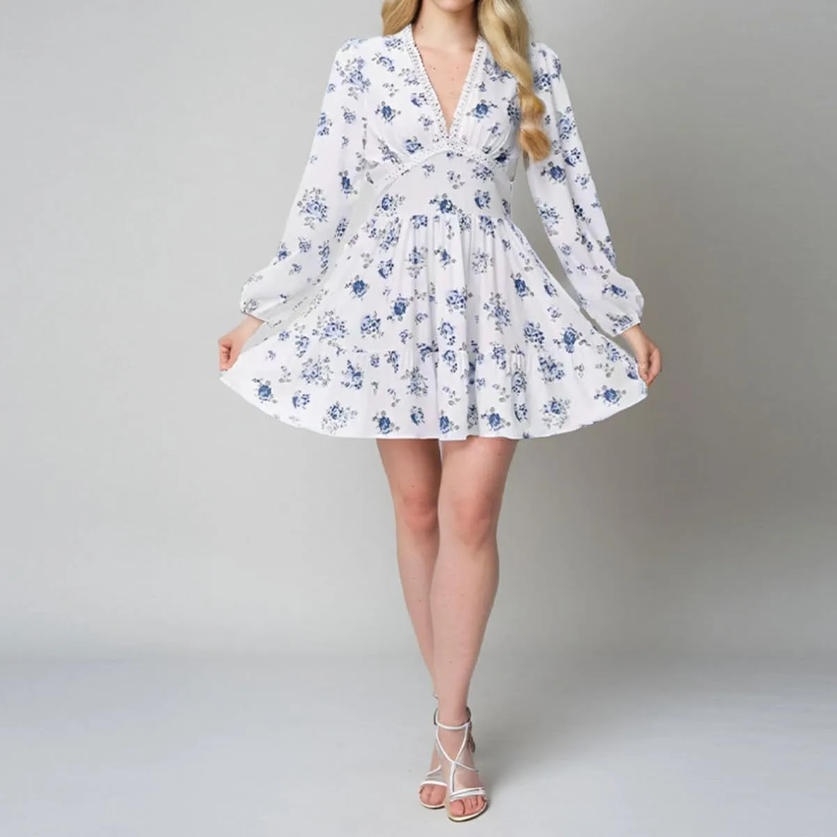 Melliflo Womens Summer Floral Boho Mini Dress Deep V Neck Lantern Sleeve Casual Dress Ruffle Hem Flowy Dress
