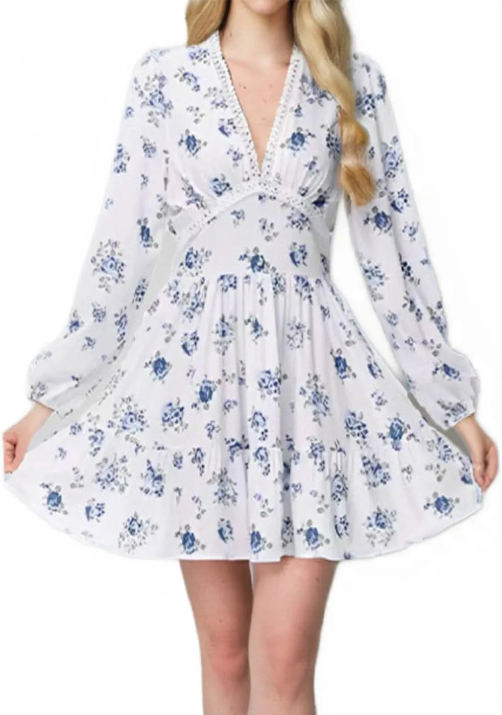 Melliflo Womens Summer Floral Boho Mini Dress Deep V Neck Lantern Sleeve Casual Dress Ruffle Hem Flowy Dress