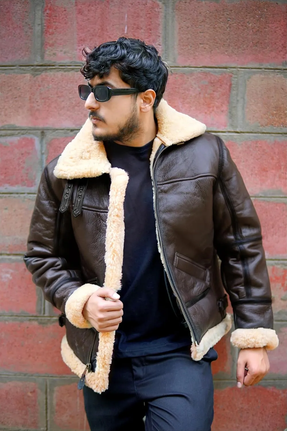 Men B3 Bomber Jacket Aviator Real Shearling Sheepskin Leather Winter Jacket