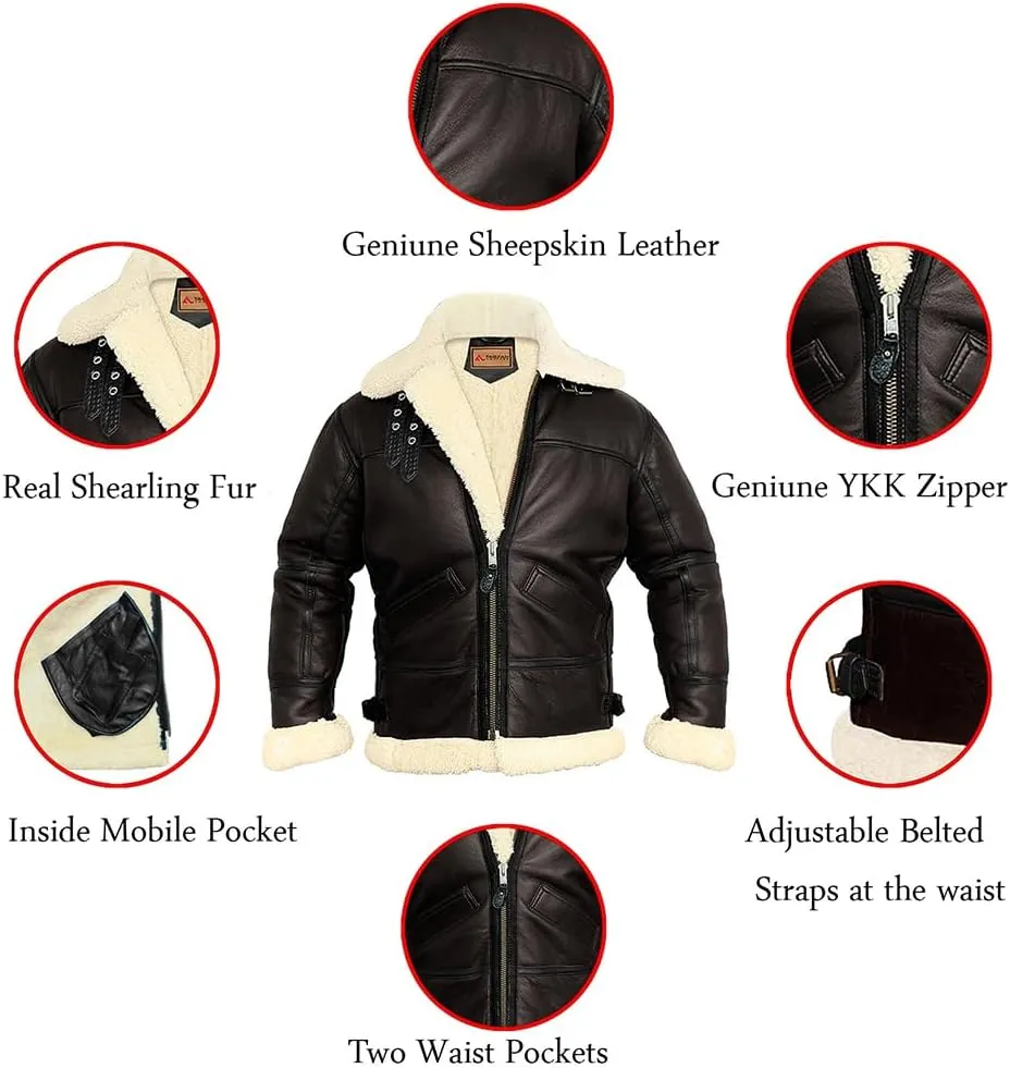 Men B3 Bomber Jacket Aviator Real Shearling Sheepskin Leather Winter Jacket