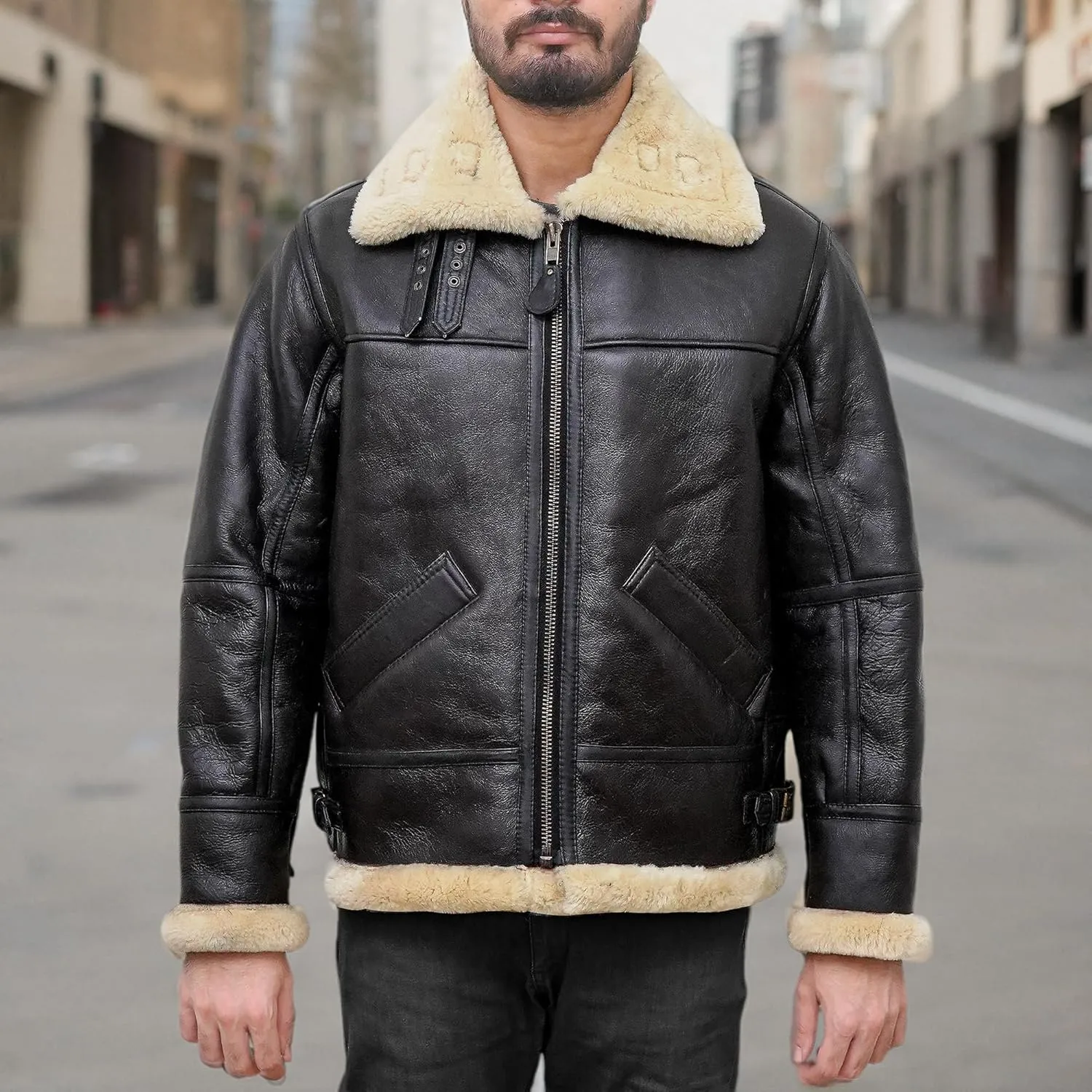 Men B3 Bomber Jacket Aviator Real Shearling Sheepskin Leather Winter Jacket