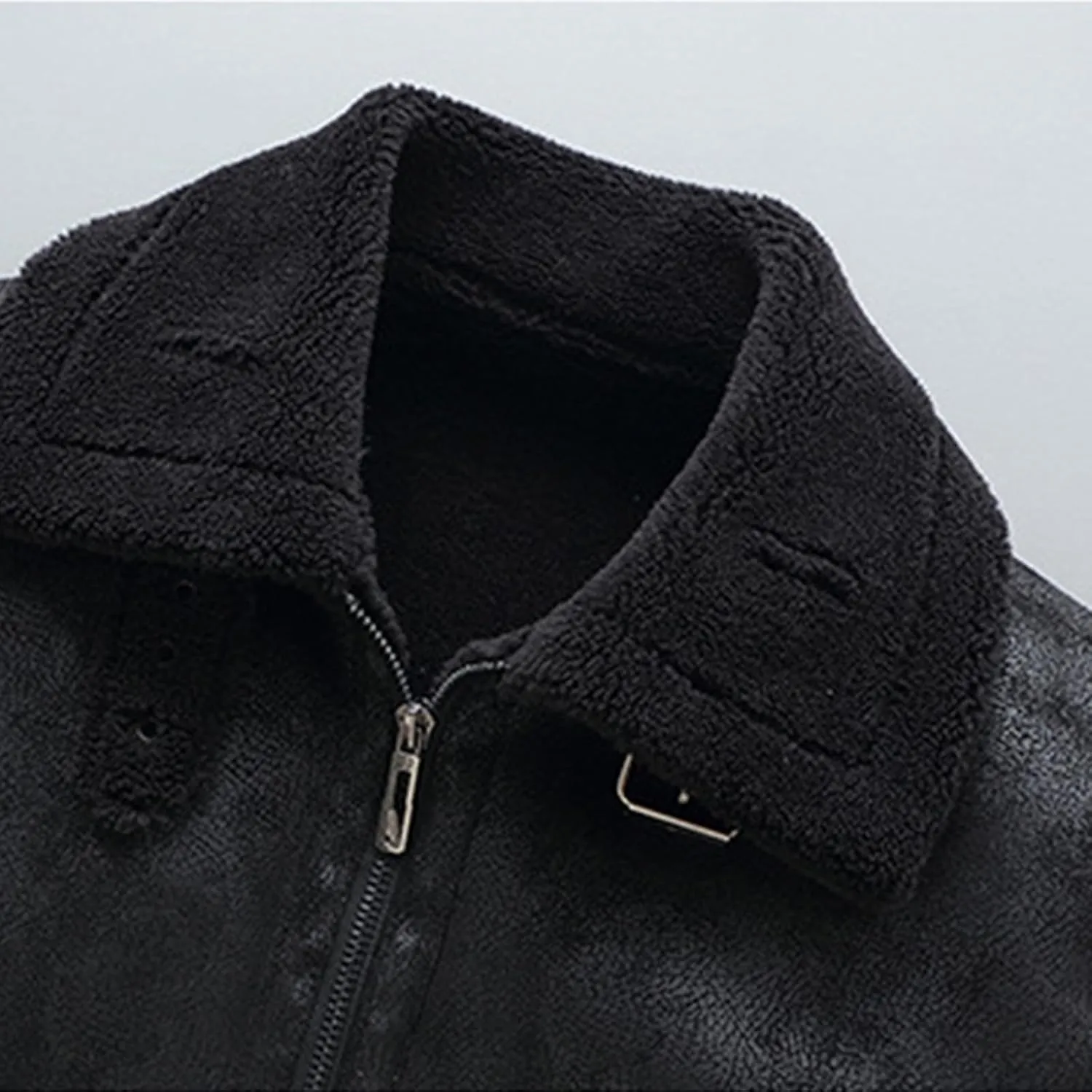 Men Faux Leather Long Sleeve Fleece Coat Winter Casual Solid Zip Jacket Outdoor Warm Loose Soft Hoodless Coat Outwear