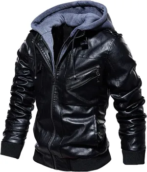 Men Leather Jacket Winter Vintage Zipper Hoodie Color Imitation Leather Coat