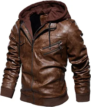 Men Leather Jacket Winter Vintage Zipper Hoodie Color Imitation Leather Coat