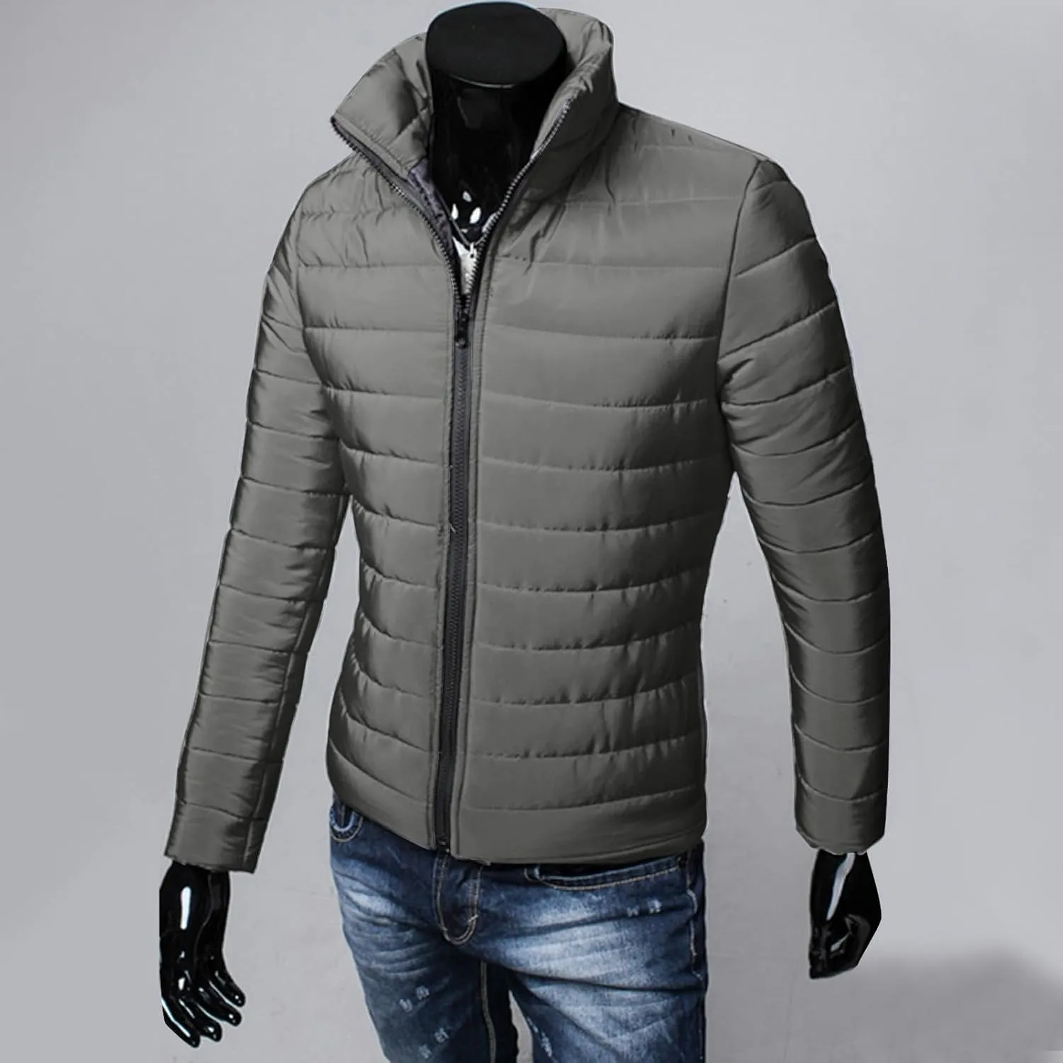 Men Lightweight Jacket Puffer Hoodless Light Padded Zip Down Jacket Winter Warm Bubble Coat Packable Quilted Jackets
