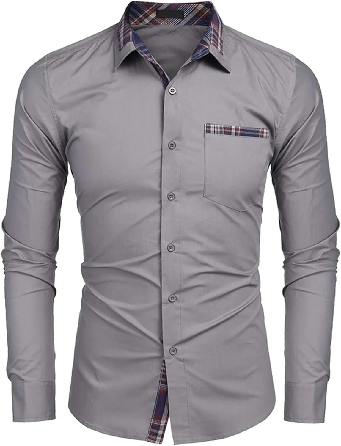 Men Long Sleeve Contrast Fashion Button Shirt Casual Linen Dress Shirt Button Up Shirt Dress Plaid Collar Shirt