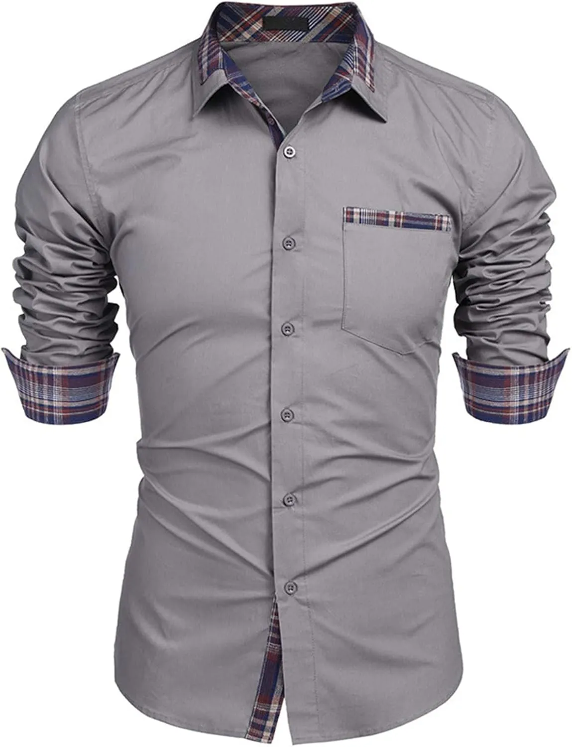 Men Long Sleeve Contrast Fashion Button Shirt Casual Linen Dress Shirt Button Up Shirt Dress Plaid Collar Shirt