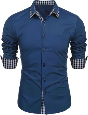 Men Long Sleeve Contrast Fashion Button Shirt Casual Linen Dress Shirt Button Up Shirt Dress Plaid Collar Shirt