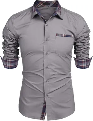 Men Long Sleeve Contrast Fashion Button Shirt Casual Linen Dress Shirt Button Up Shirt Dress Plaid Collar Shirt