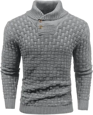 Men Winter Shawl Collar Button Sweaters Casual Knitted Pleated Pullover Tops Trendy Warm Long Sleeve Jumper Knitwear