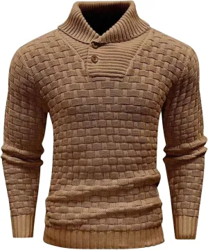 Men Winter Shawl Collar Button Sweaters Casual Knitted Pleated Pullover Tops Trendy Warm Long Sleeve Jumper Knitwear