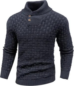 Men Winter Shawl Collar Button Sweaters Casual Knitted Pleated Pullover Tops Trendy Warm Long Sleeve Jumper Knitwear