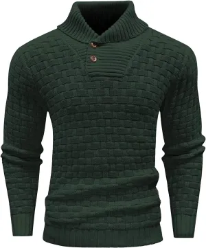 Men Winter Shawl Collar Button Sweaters Casual Knitted Pleated Pullover Tops Trendy Warm Long Sleeve Jumper Knitwear