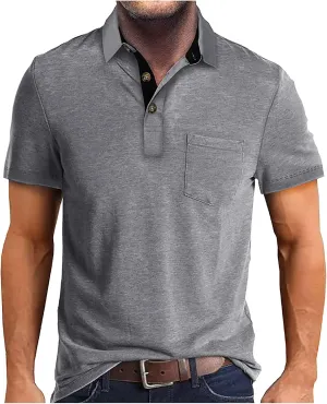 Men's 2025 Classic Fit Casual Short Sleeve Vintage Dual Tipped Collar Button Down Polo Shirt with Pocket