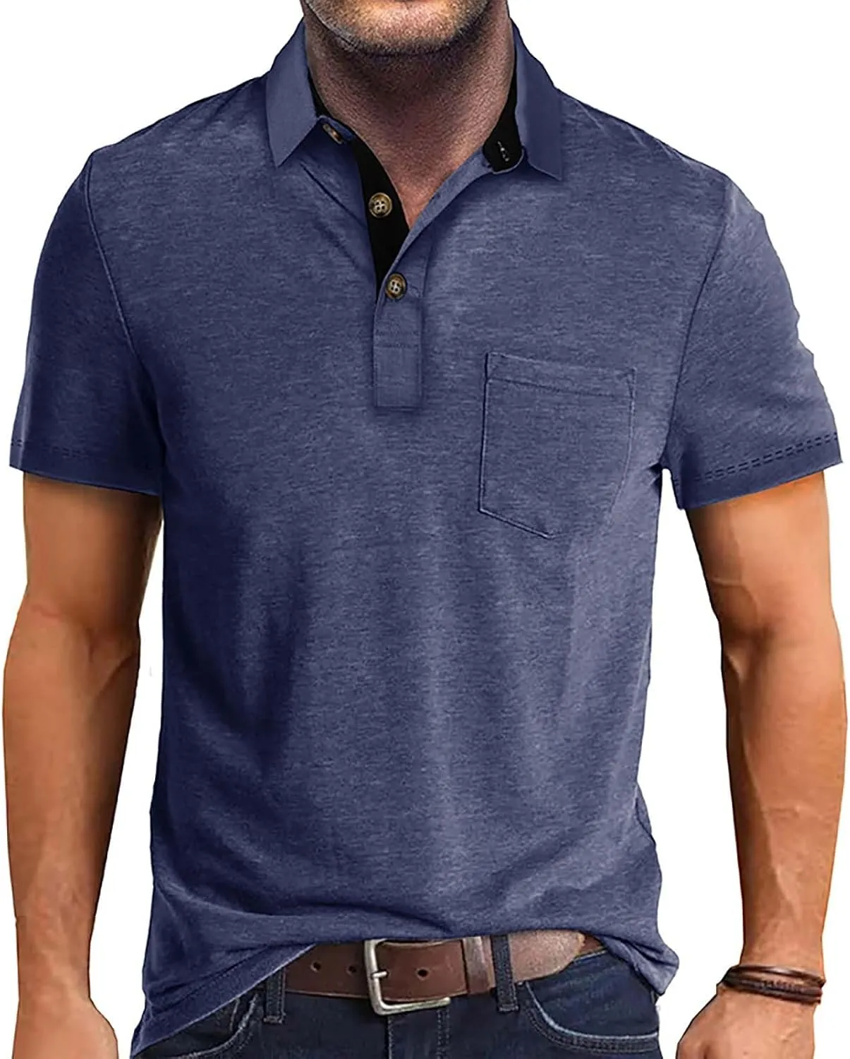 Men's 2025 Classic Fit Casual Short Sleeve Vintage Dual Tipped Collar Button Down Polo Shirt with Pocket