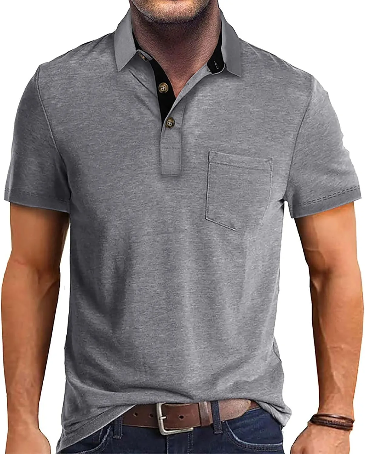 Men's 2025 Classic Fit Casual Short Sleeve Vintage Dual Tipped Collar Button Down Polo Shirt with Pocket