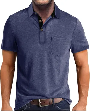 Men's 2025 Classic Fit Casual Short Sleeve Vintage Dual Tipped Collar Button Down Polo Shirt with Pocket