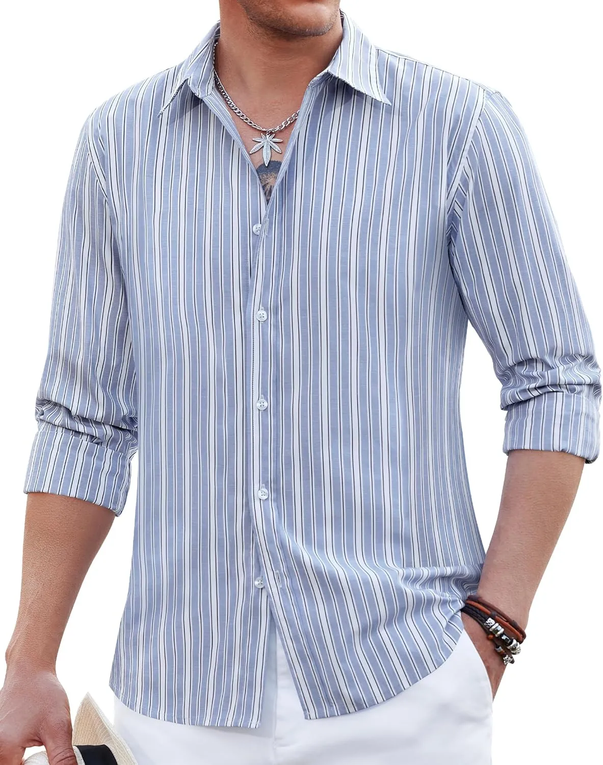 Mens Button Up Shirts Long Sleeve Dress Shirts for Men Button Down Shirt Untucked Casual Dress Shirt Striped Shirt