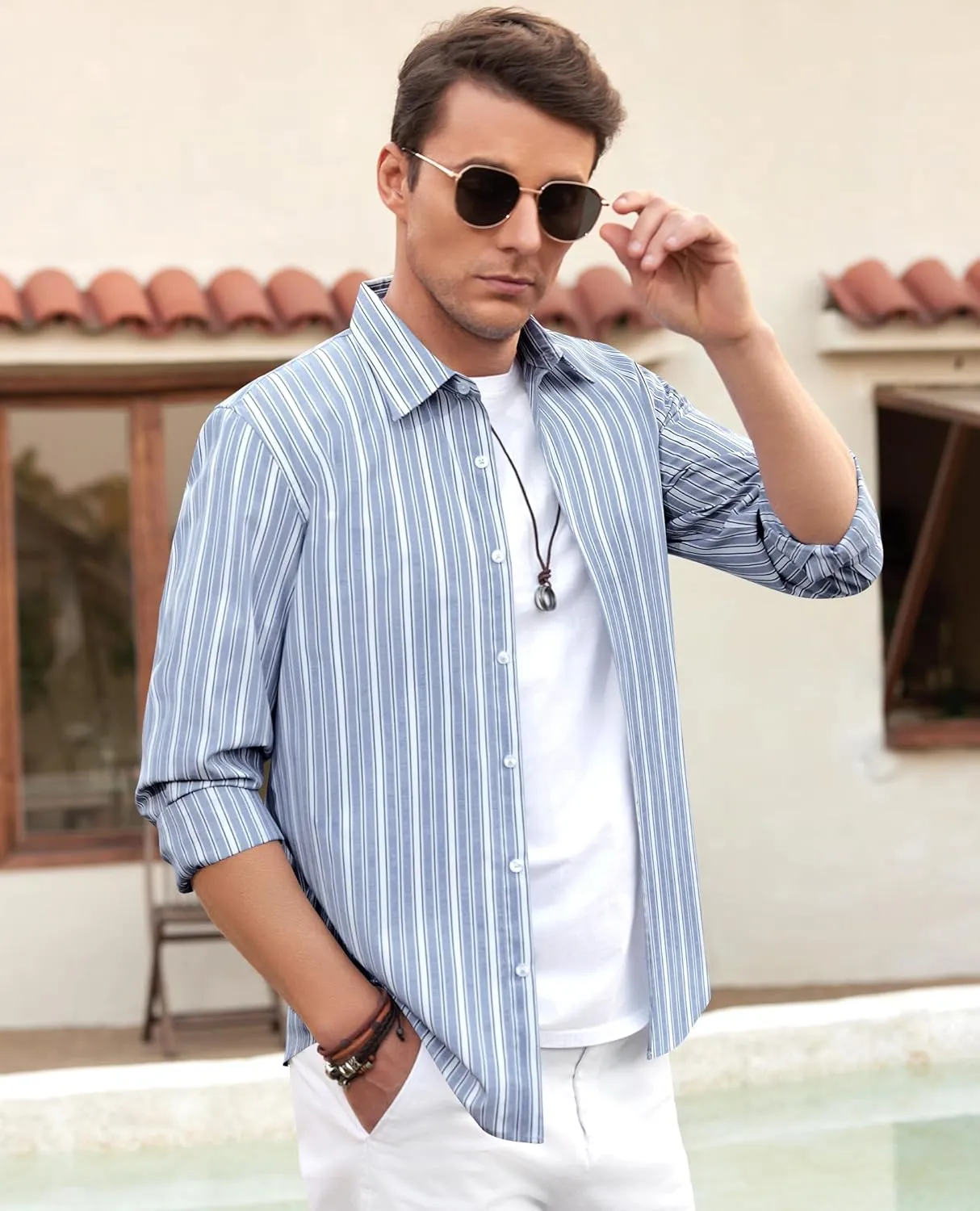 Mens Button Up Shirts Long Sleeve Dress Shirts for Men Button Down Shirt Untucked Casual Dress Shirt Striped Shirt