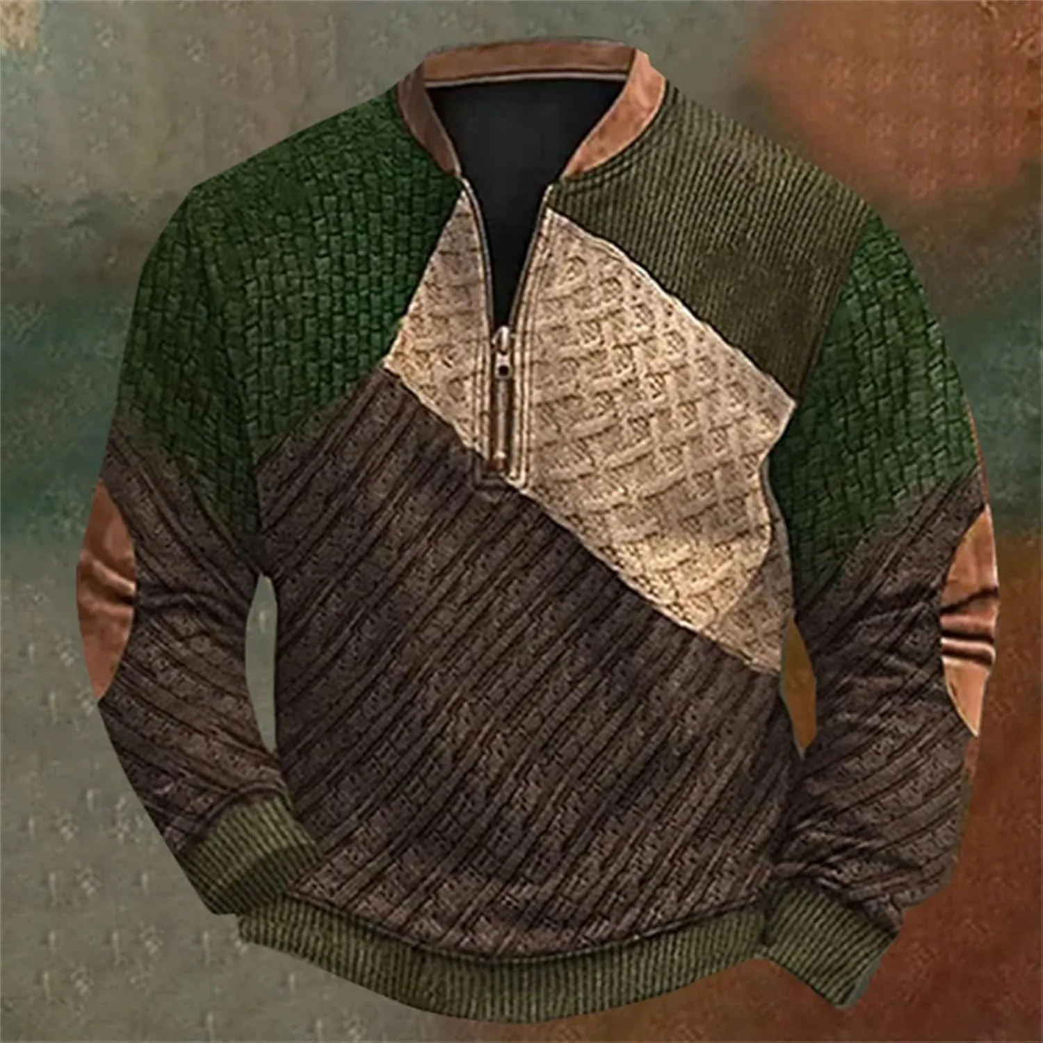 Men's Cable Knit Pullover 3D Sweater Polo Long Sleeved Hoodie Sweatshirts with Elbow Patches Sweaters For Men Men's