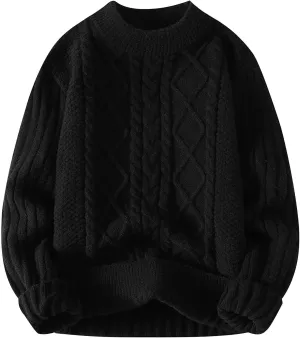 Mens Cable Knit Sweater Plus Size Knitted Chunky Pullover Loose Crewneck Sweater Winter Thermal Long Sleeve Knitwear