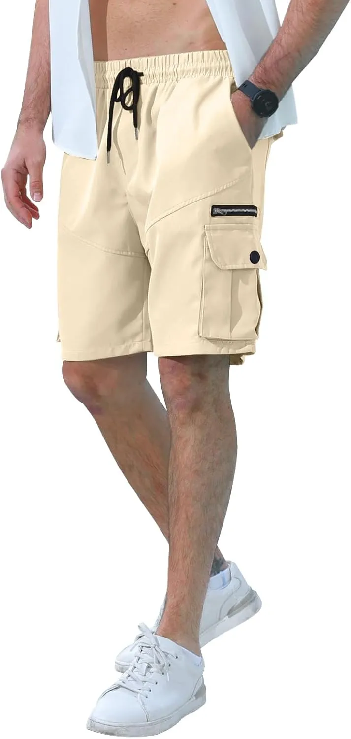 Mens Cargo Shorts Elastic Waist Summer Casual Shorts Outdoor Hiking Quick Dry Lightweight Work Shorts with Pockets