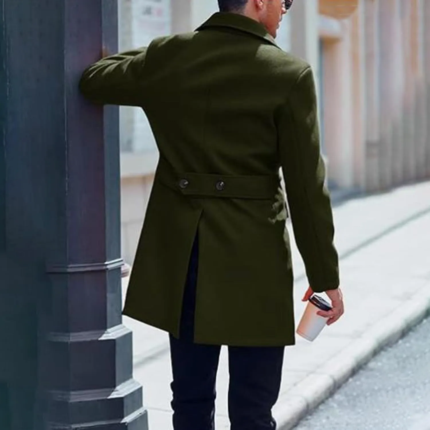 Men's Casual Classic Peacoat Trench Notched Collar Wool Blend Overcoat with Pockets