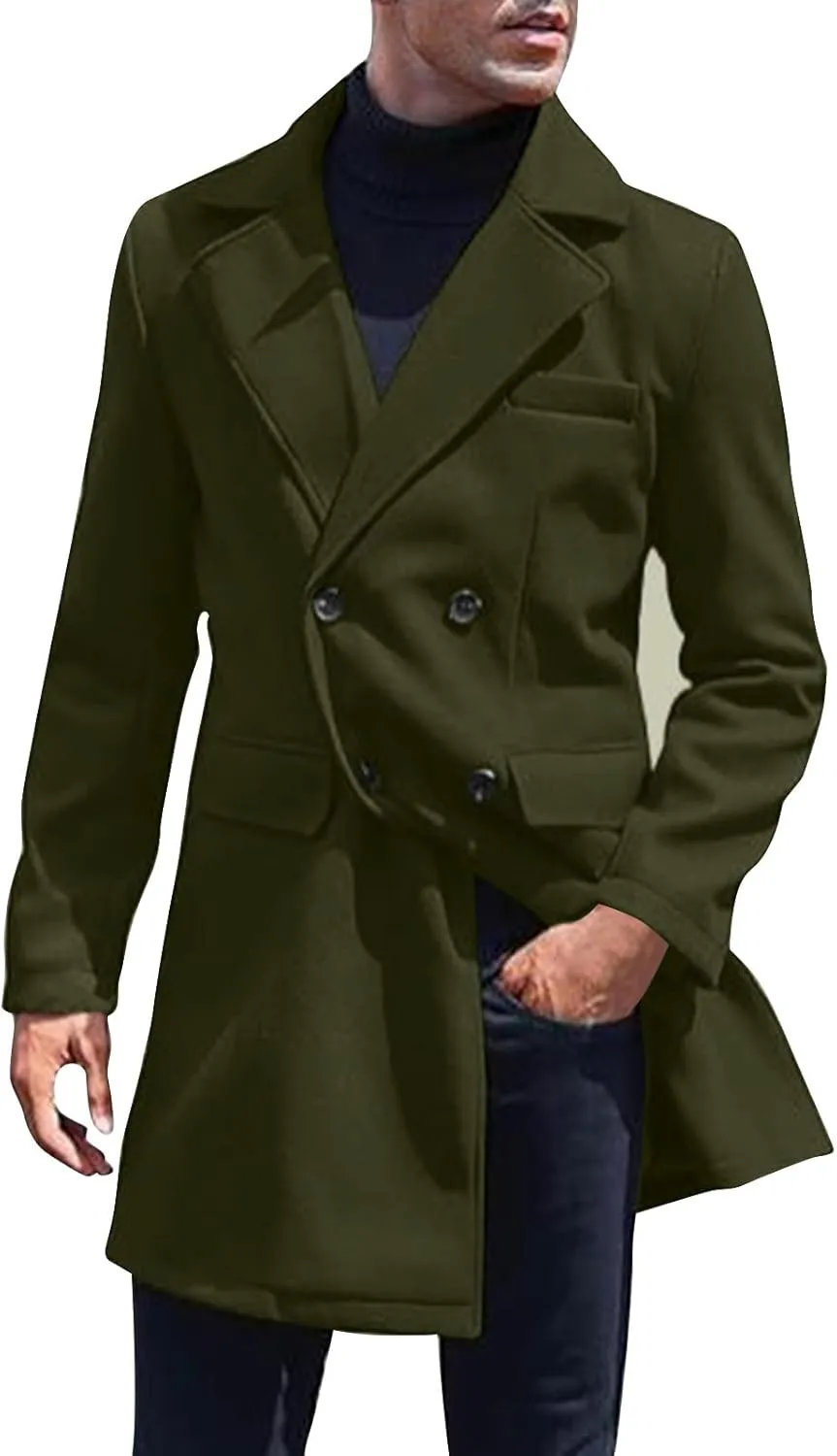 Men's Casual Classic Peacoat Trench Notched Collar Wool Blend Overcoat with Pockets