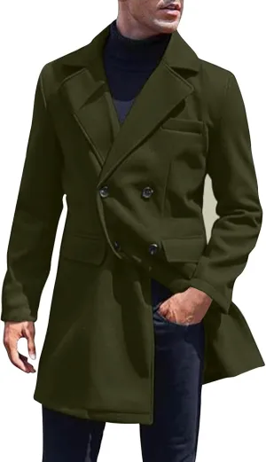 Men's Casual Classic Peacoat Trench Notched Collar Wool Blend Overcoat with Pockets