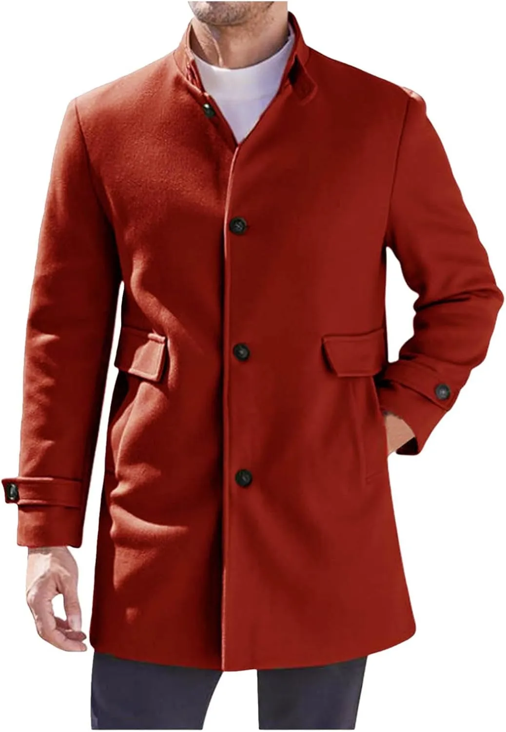 Mens Casual Trench Coat Loose Fit Single Breasted Notched Collar Pea Coat Winter Overcoat Mid Long Jacket Wih Pockets