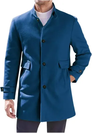 Men's Casual Trench Coat Slim Fit Notched Collar Long Jacket Overcoat Single Breasted Mid Long Pea Coat Wih Pockets