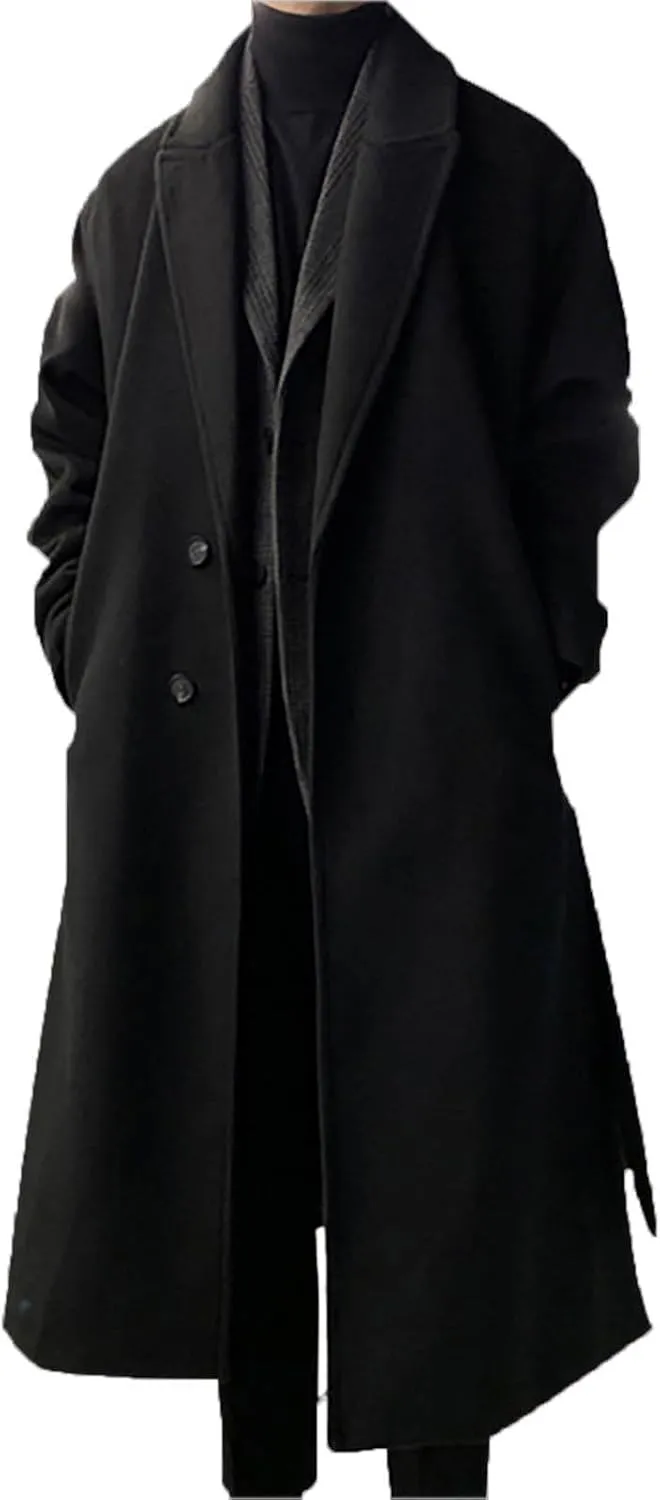 Men's Casual Trench Coat Slim Fit Notched Collar Long Jacket Overcoat Single Breasted Winter Pea Coat Wih Pockets