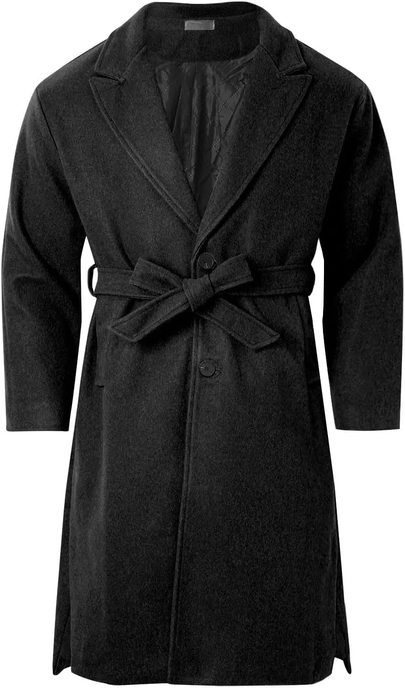 Men's Casual Trench Coat Slim Fit Notched Collar Long Jacket Overcoat Single Breasted Winter Pea Coat Wih Pockets