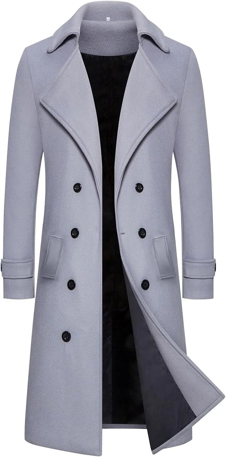 Men's Casual Winter Peacoat Wool Blend Notched Collar Trench Overcoat with Pockets