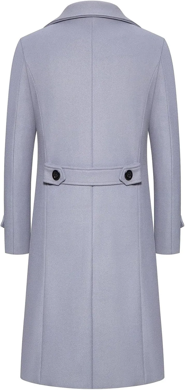 Men's Casual Winter Peacoat Wool Blend Notched Collar Trench Overcoat with Pockets