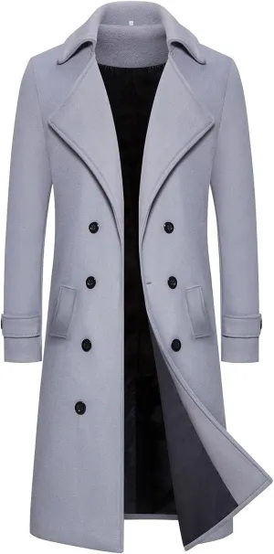 Men's Casual Winter Peacoat Wool Blend Notched Collar Trench Overcoat with Pockets
