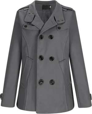 Men's Classic Notched Collar Double Breasted Wool Blend Pea Coat Casual Fashion Business Trench Coat Warm Overcoats
