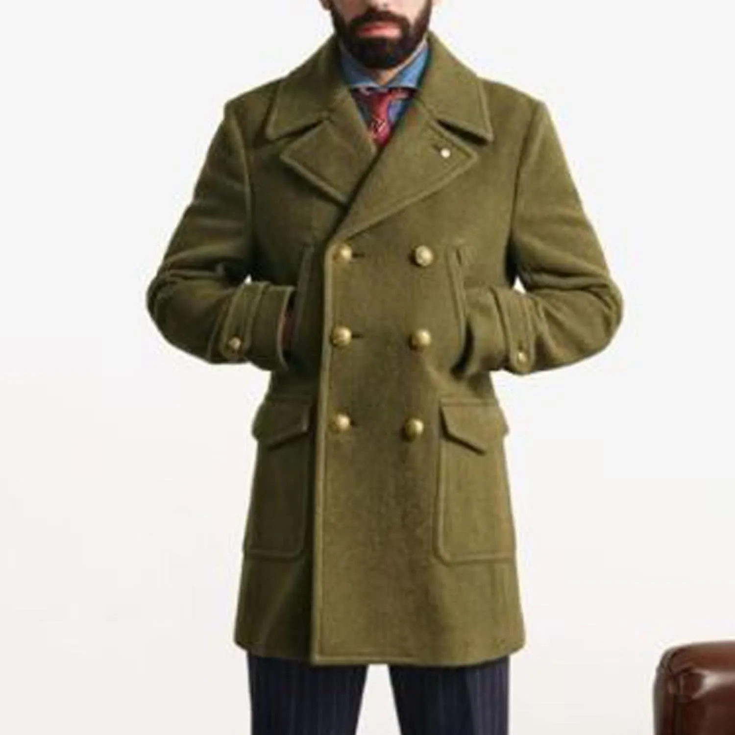 Mens Classic Pea Coat Notched Collar Double Breasted Slim Fit Winter Warm Heavyweight Trench Coats Overcoats Outwear
