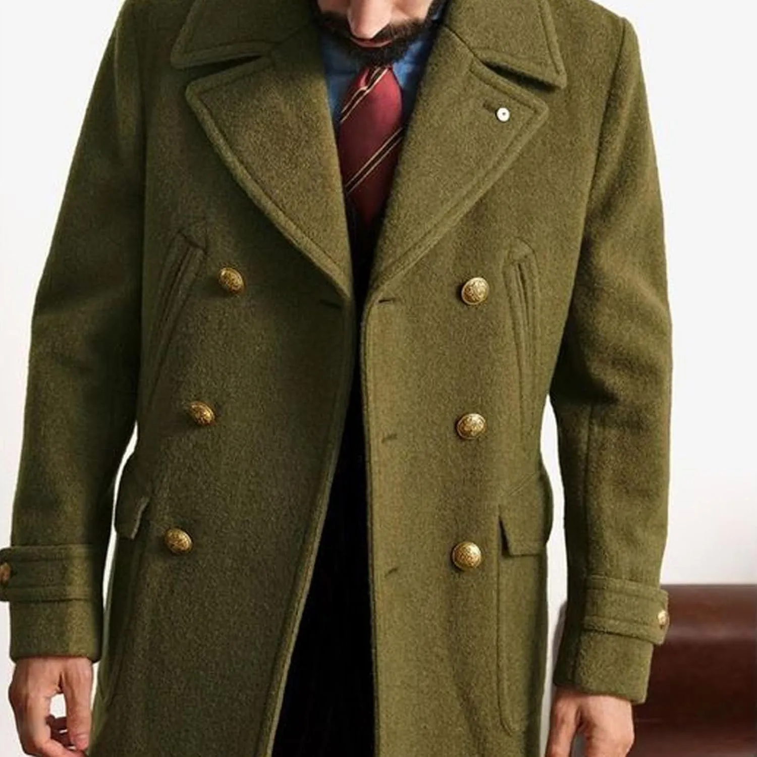Mens Classic Pea Coat Notched Collar Double Breasted Slim Fit Winter Warm Heavyweight Trench Coats Overcoats Outwear