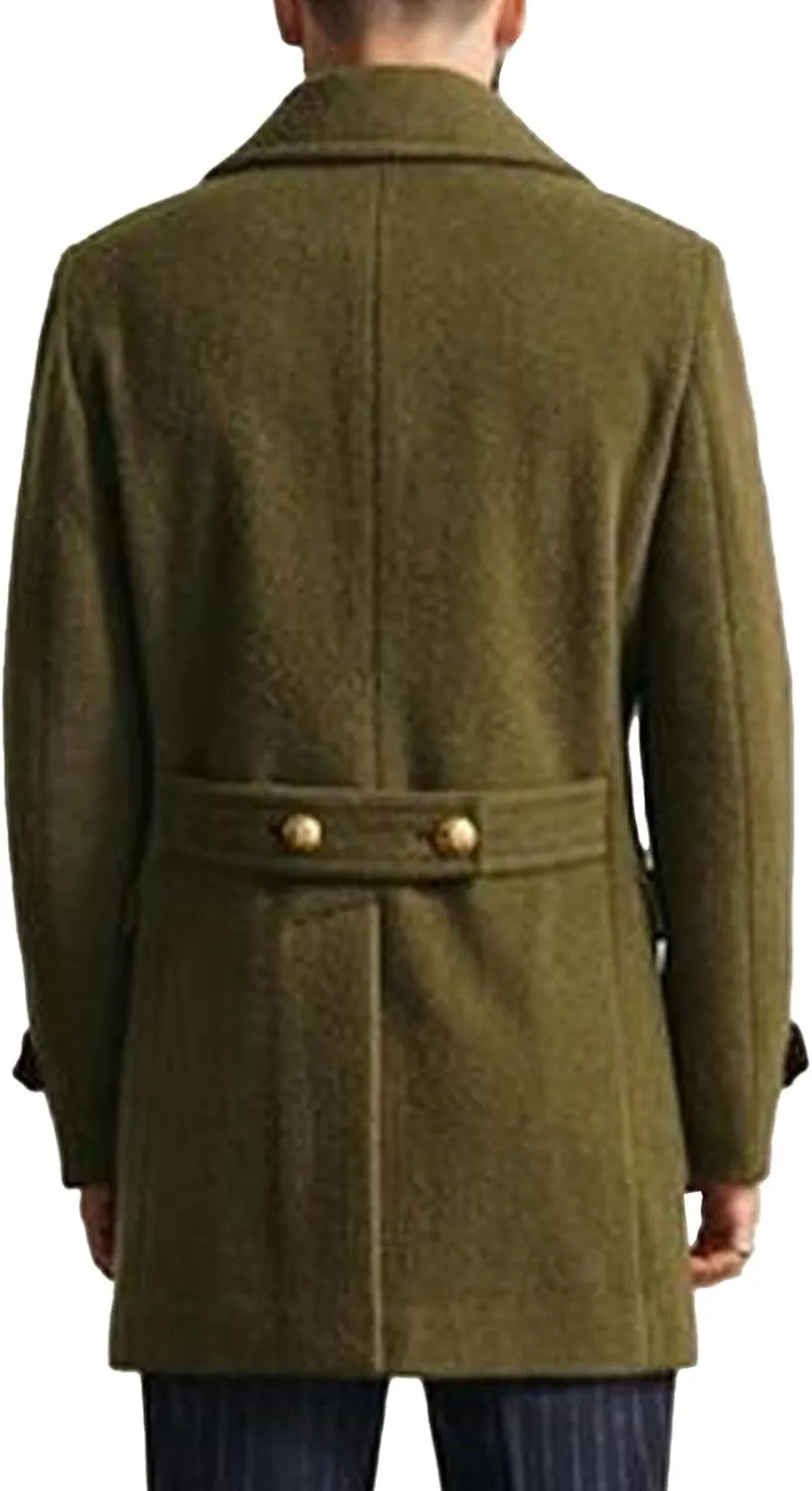 Mens Classic Pea Coat Notched Collar Double Breasted Slim Fit Winter Warm Heavyweight Trench Coats Overcoats Outwear