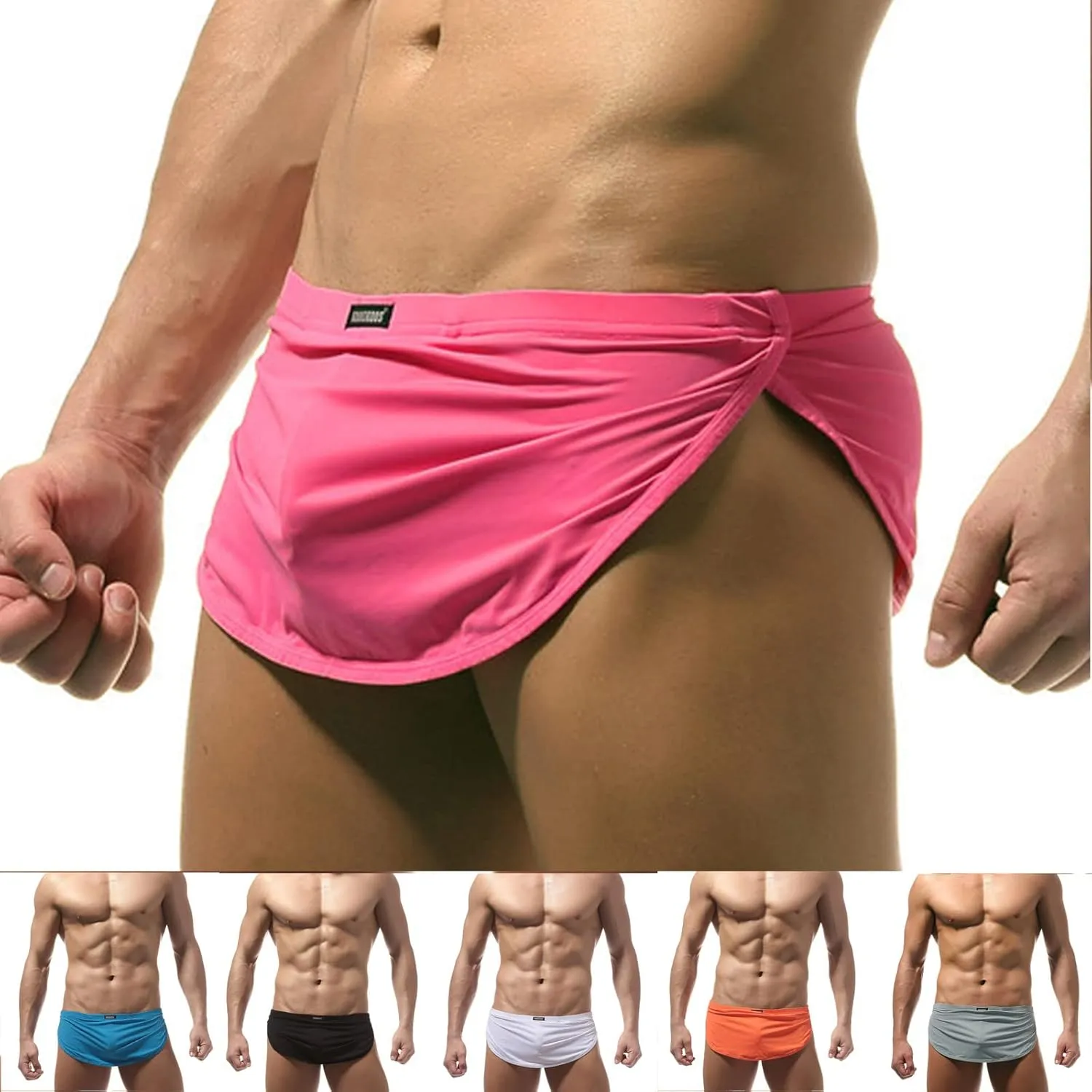 Men's Classic Solid Square Cut Swimwear Side Slit Sexy Tight Swimming Trunks Tan Through Bikini Swim Briefs Summer