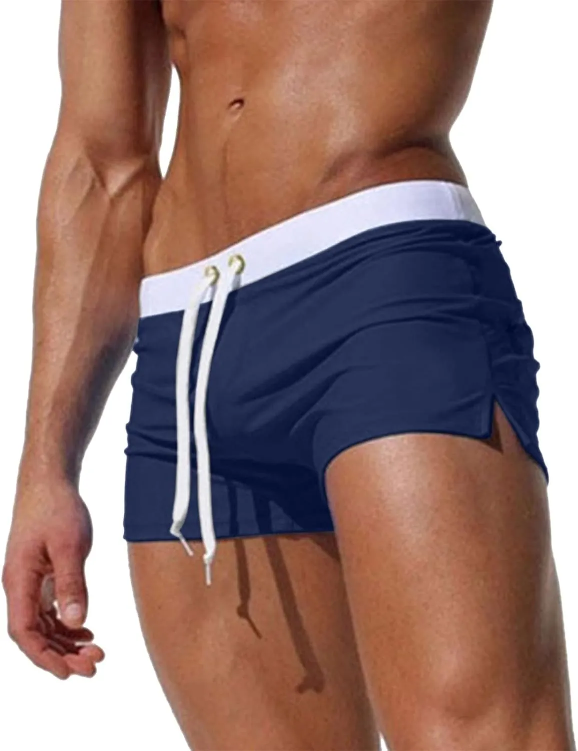 Men's Classic Solid Square Cut Swimwear Side Slit Sexy Tight Swimming Trunks Tan Through Bikini Swim Briefs Summer