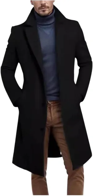 Men's Classic Wool Trench Overcoat Single Breasted Mid Long Wool Blend Top Pea Coats Jackets Outwear with Pockets