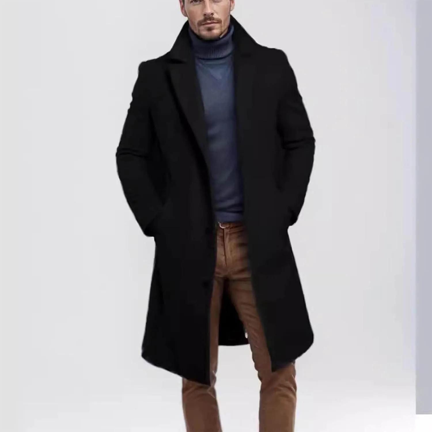 Men's Classic Wool Trench Overcoat Single Breasted Mid Long Wool Blend Top Pea Coats Jackets Outwear with Pockets