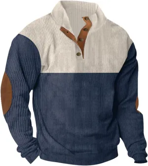 Mens Corduroy Sweater with Elbow Patches Long Sleeve Button Turtleneck Polo Shirts Vintage Waffle Sweatshirts