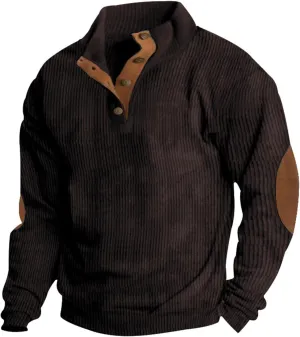 Mens Corduroy Sweater with Elbow Patches Long Sleeve Button Turtleneck Polo Shirts Vintage Waffle Sweatshirts