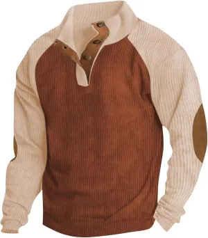 Mens Corduroy Sweater with Elbow Patches Long Sleeve Button Turtleneck Polo Shirts Vintage Waffle Sweatshirts