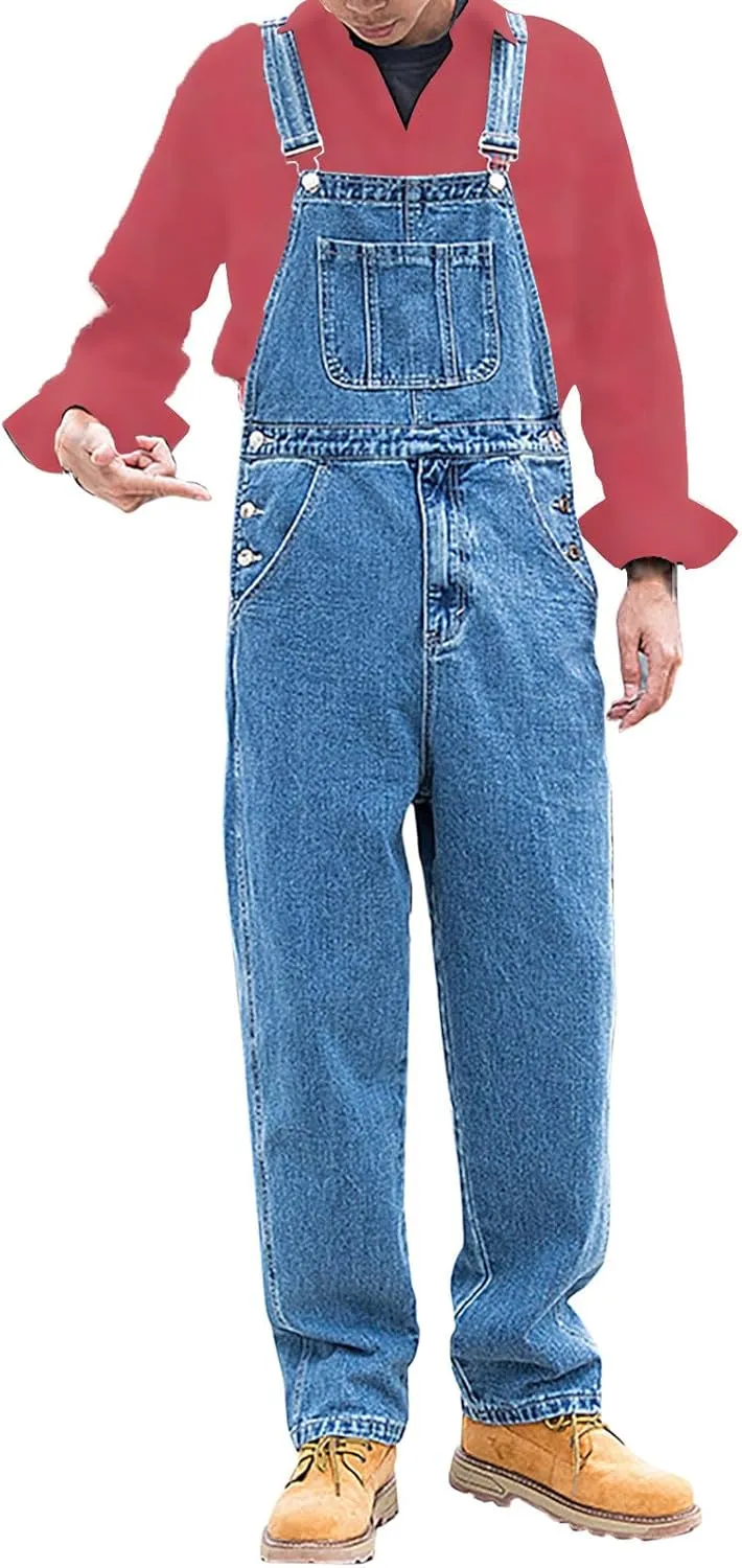 Men's Denim Bib Overall Jean Romper Trousers Cotton Relaxed Fit Pants Fashion Workwear Jumpsuit with Pockets